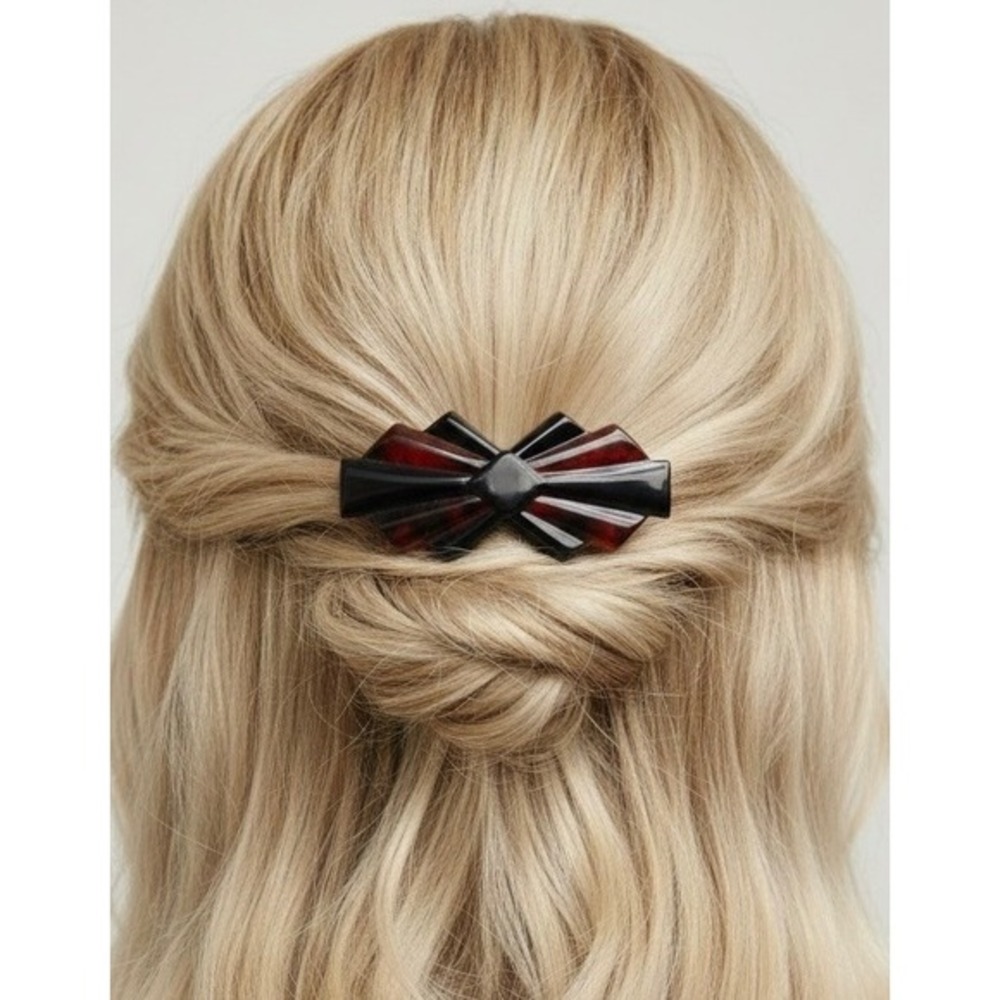 Vintage Art Deco Geometric Black Reddish Brown Swirl Hair‎ Clip Barrette
